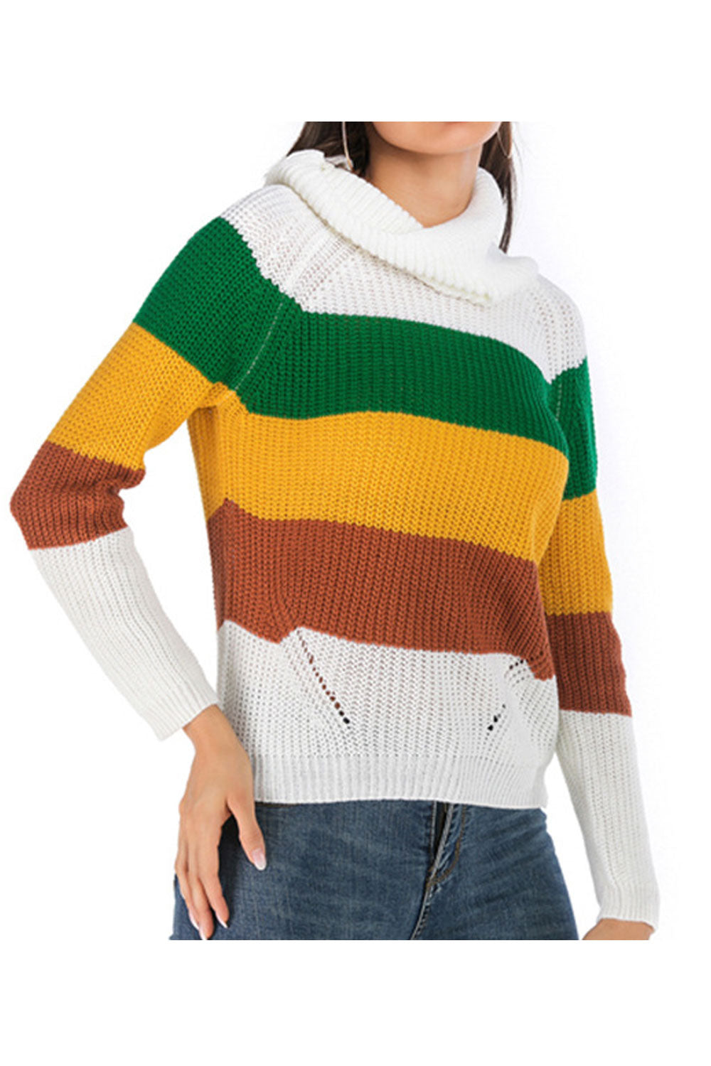 Women Sophisticated Printed Pattern Relaxed Fit Long Sleeve Warm Turtle Neck Casual Sweater