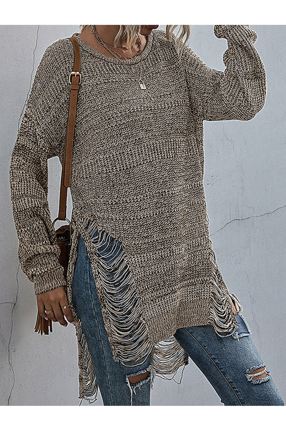 Women Awesome Solid Colored Easy Round Neck Ribbed Styled Mid-Length Long Sleeve Winter Casual Sweater