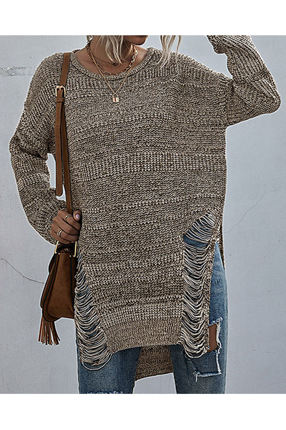 Women Awesome Solid Colored Easy Round Neck Ribbed Styled Mid-Length Long Sleeve Winter Casual Sweater