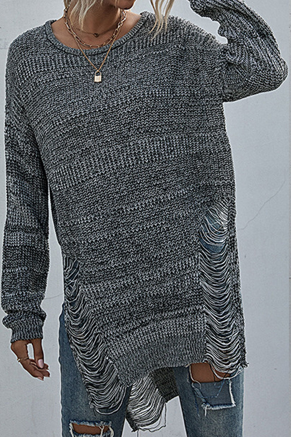 Women Awesome Solid Colored Easy Round Neck Ribbed Styled Mid-Length Long Sleeve Winter Casual Sweater