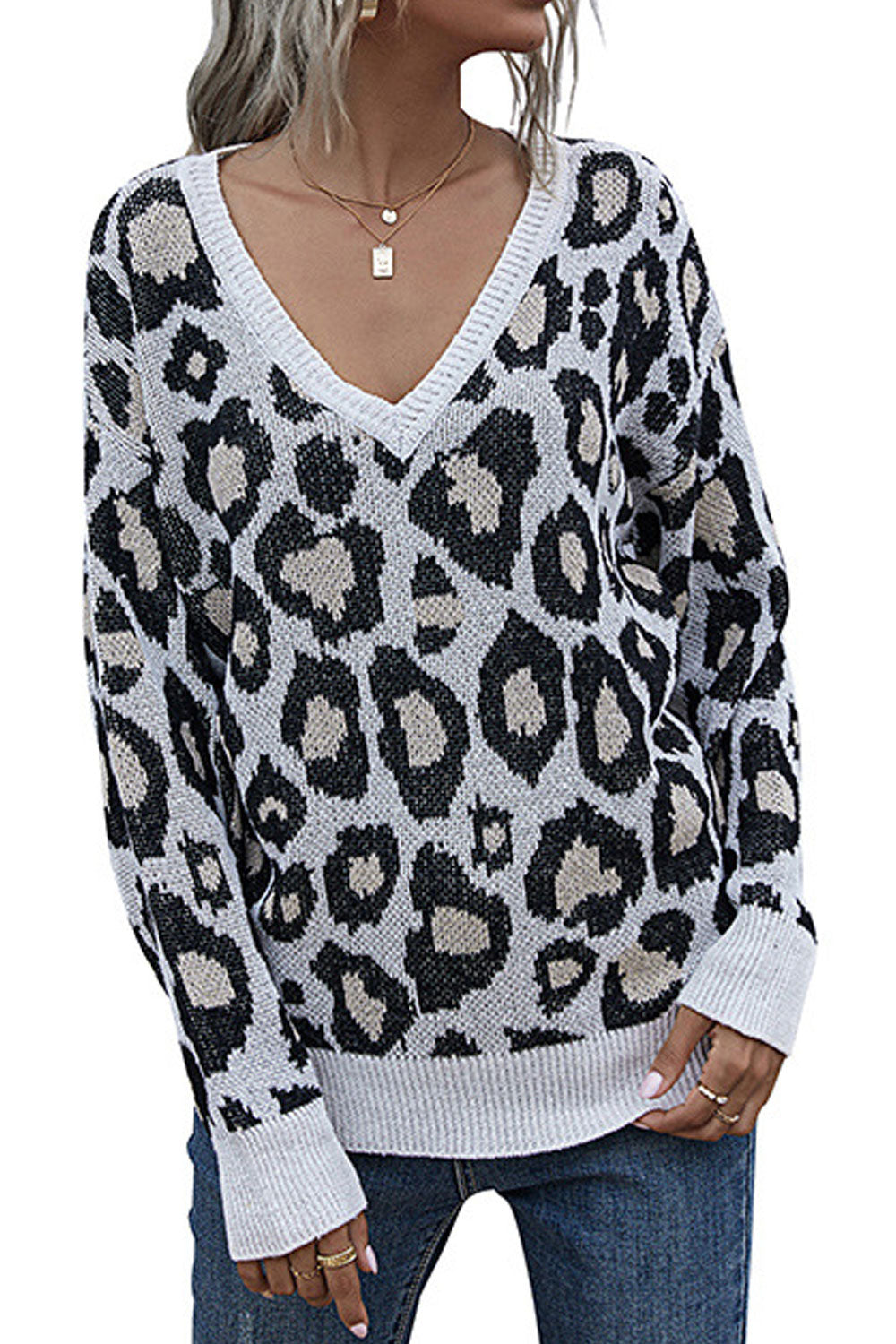 Women Splendid Leopard Pattern Loose Long Sleeve Deep V-Neck Winter Pullover Stylish Sweater