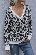 Women Splendid Leopard Pattern Loose Long Sleeve Deep V-Neck Winter Pullover Stylish Sweater