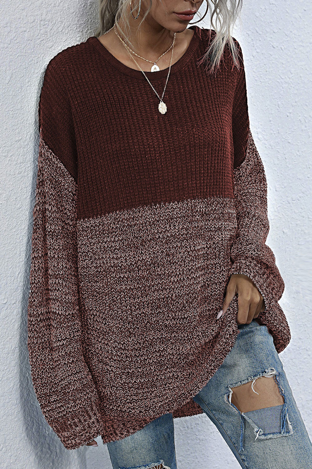 Women Loose Styled Warm Long Sleeve Classy Solid Colored Winter Pullover Mid-Length Sweater