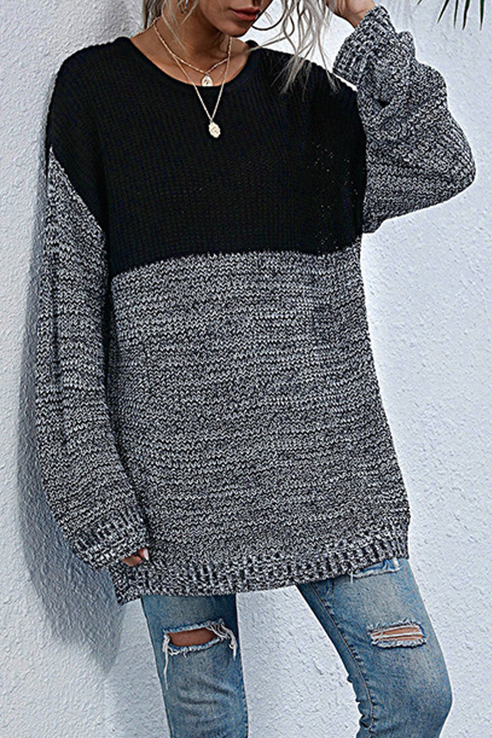 Women Loose Styled Warm Long Sleeve Classy Solid Colored Winter Pullover Mid-Length Sweater