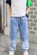 Kids Boys Elasticated Drawstring Mid-Waist Classy Letter Pattern Relaxed Fit Denim jeans