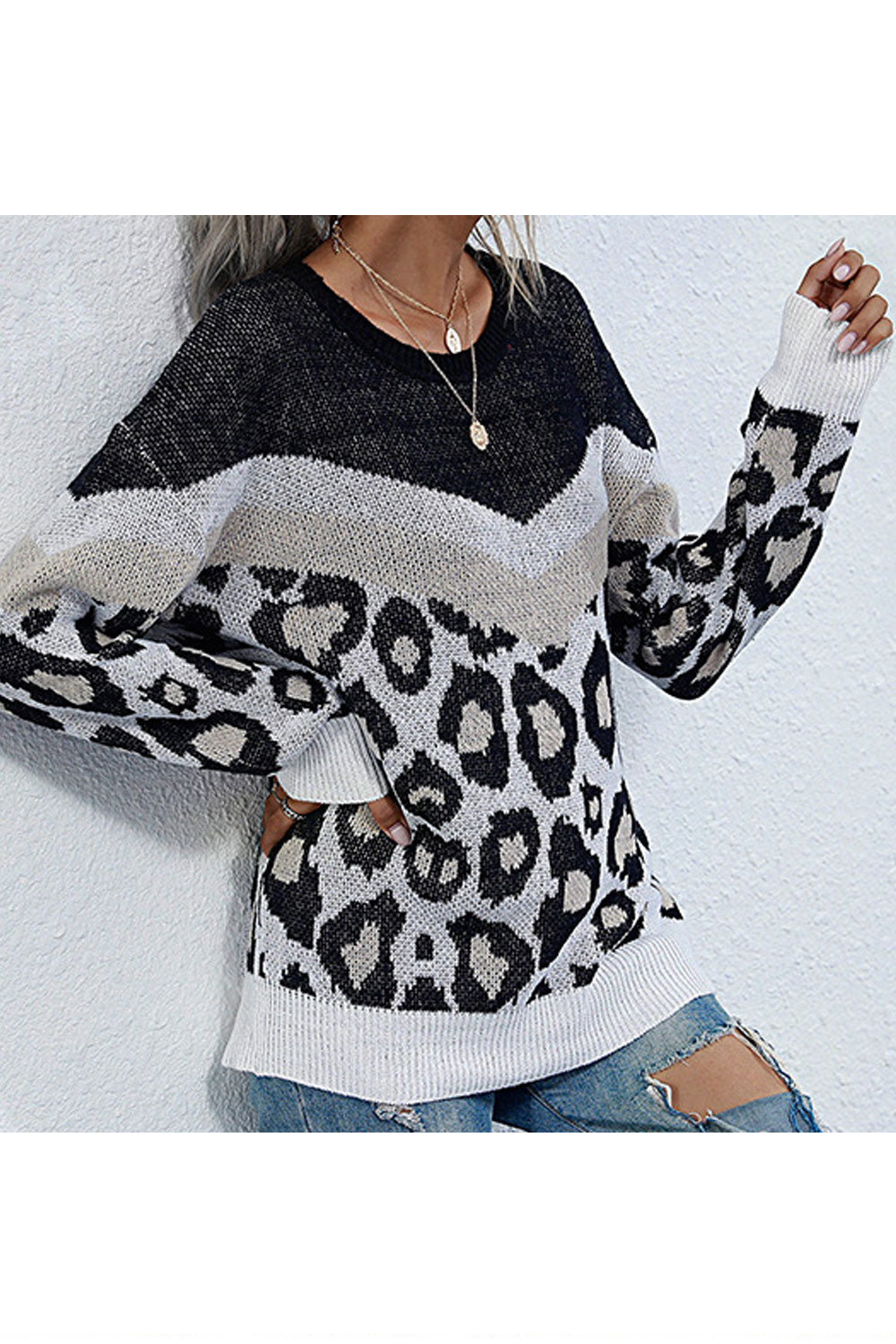 Women Fantastic Leopard Pattern Loose Fashion Long Sleeve Restful Round Neck Pullover Sweater