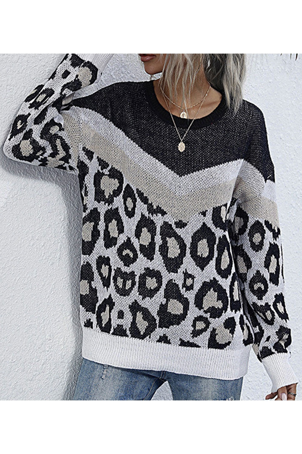 Women Fantastic Leopard Pattern Loose Fashion Long Sleeve Restful Round Neck Pullover Sweater