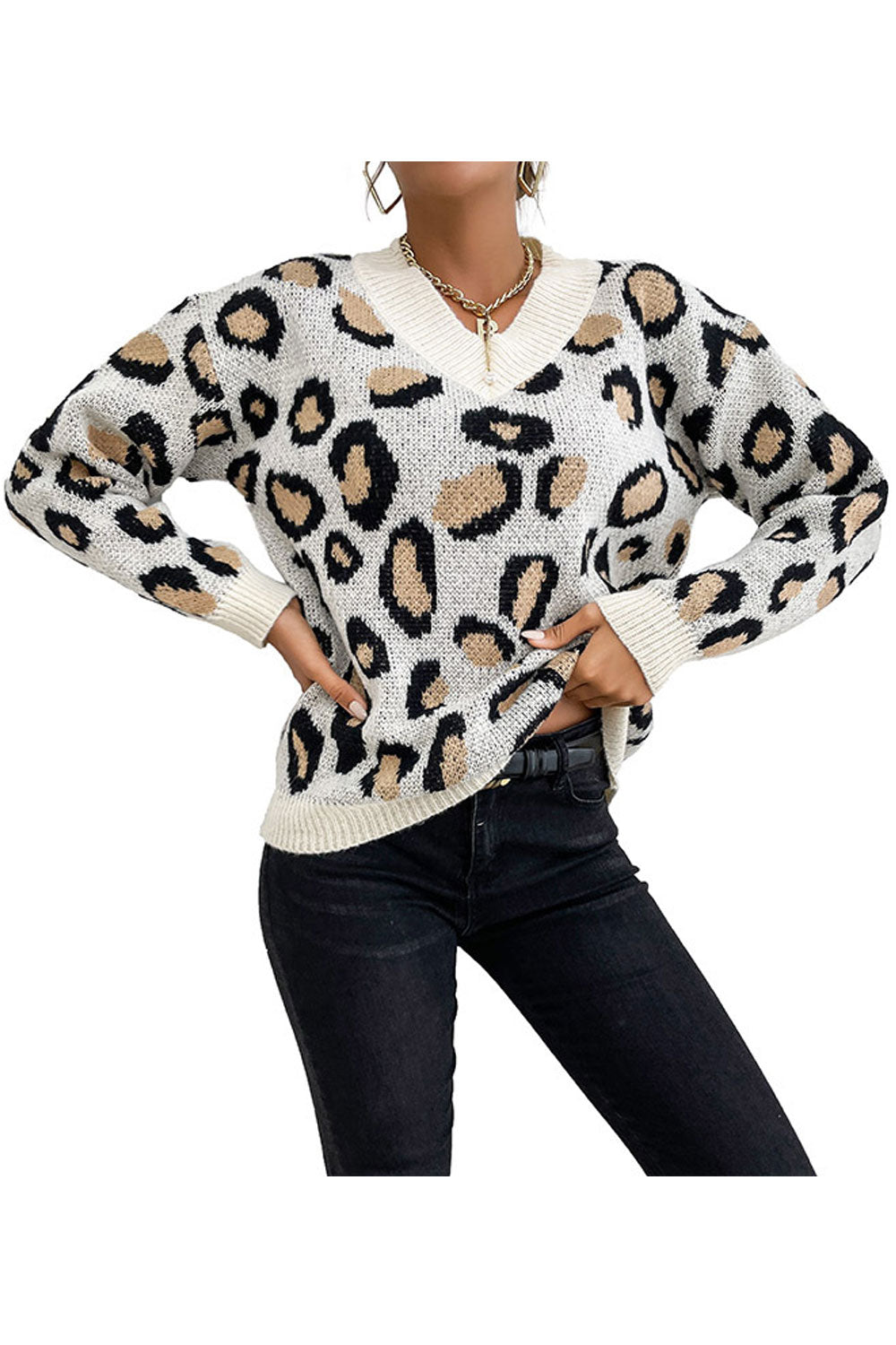 Women Outstanding Printed Pattern Easy V-Neck Thick Long Sleeve Winter Pullover Sweater