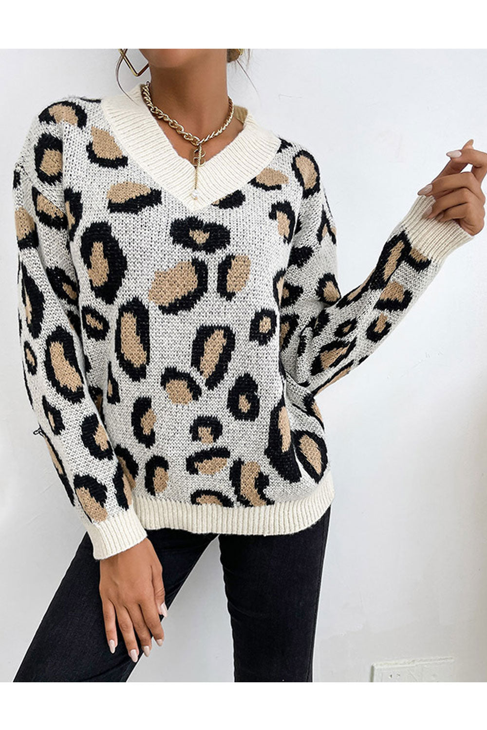 Women Outstanding Printed Pattern Easy V-Neck Thick Long Sleeve Winter Pullover Sweater