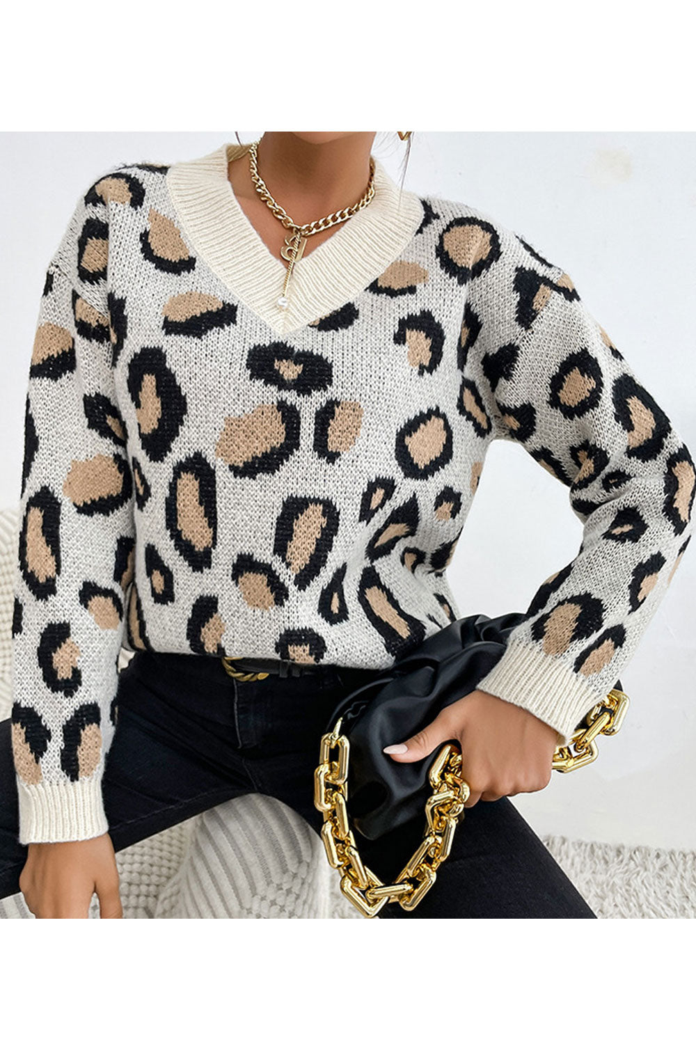 Women Outstanding Printed Pattern Easy V-Neck Thick Long Sleeve Winter Pullover Sweater