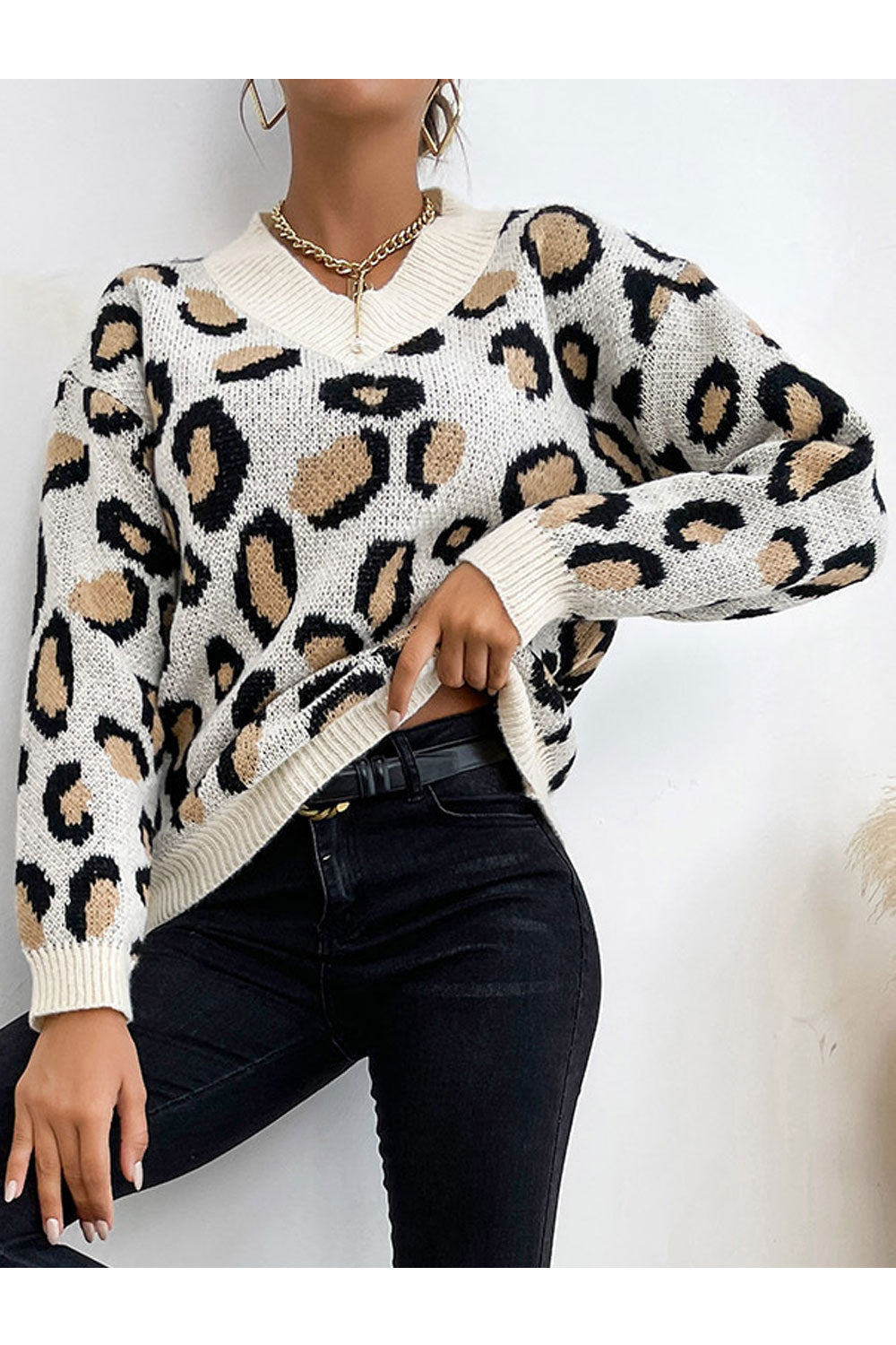 Women Outstanding Printed Pattern Easy V-Neck Thick Long Sleeve Winter Pullover Sweater