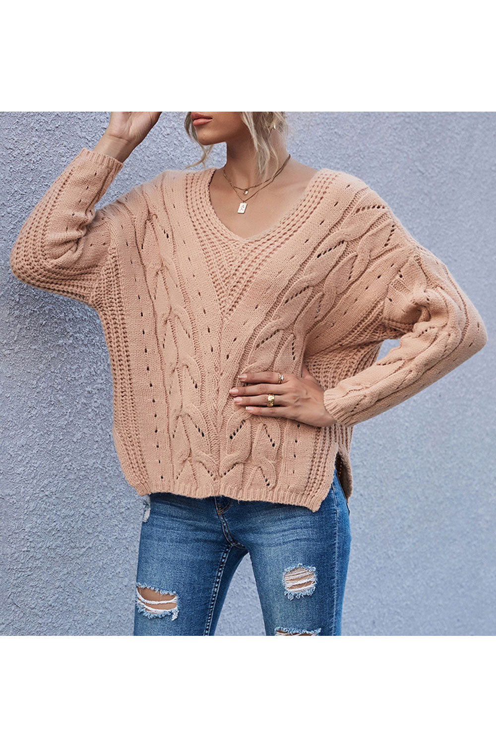 Women Elegent Solid Colored Warm Long Sleeve V-Neck Slit Styled Winter Pullover Sweater
