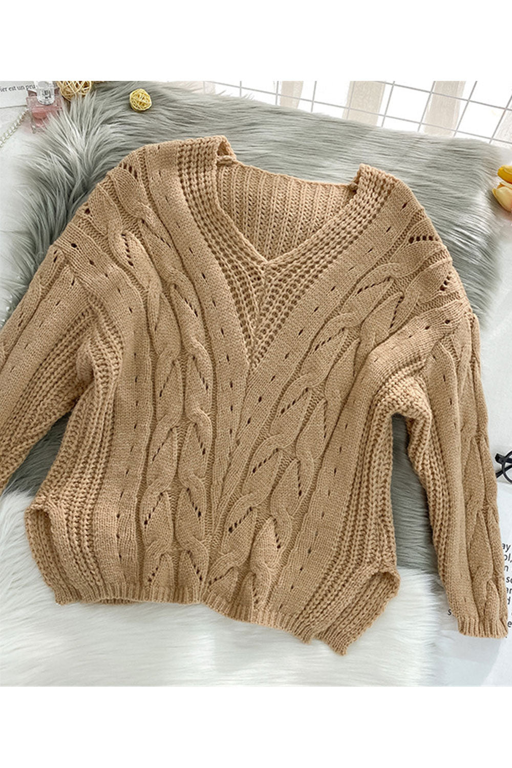 Women Elegent Solid Colored Warm Long Sleeve V-Neck Slit Styled Winter Pullover Sweater