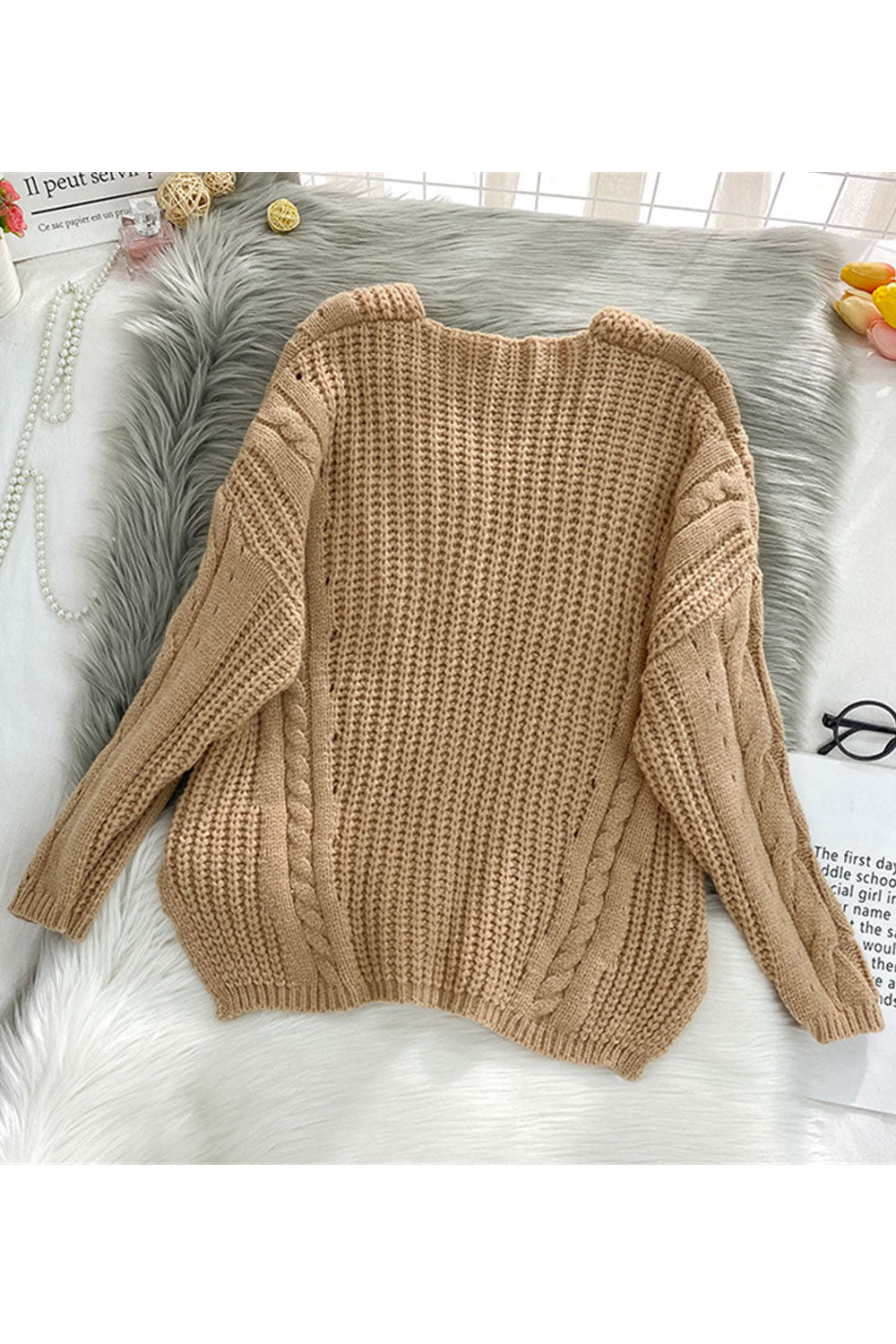Women Elegent Solid Colored Warm Long Sleeve V-Neck Slit Styled Winter Pullover Sweater
