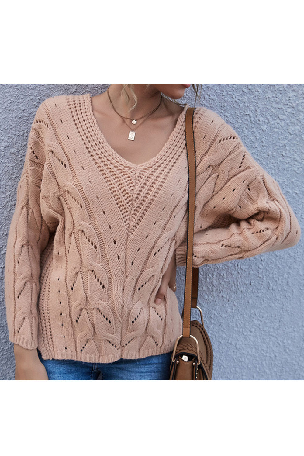 Women Elegent Solid Colored Warm Long Sleeve V-Neck Slit Styled Winter Pullover Sweater