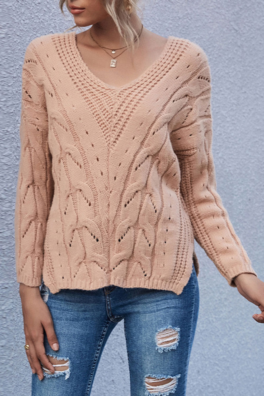 Women Elegent Solid Colored Warm Long Sleeve V-Neck Slit Styled Winter Pullover Sweater