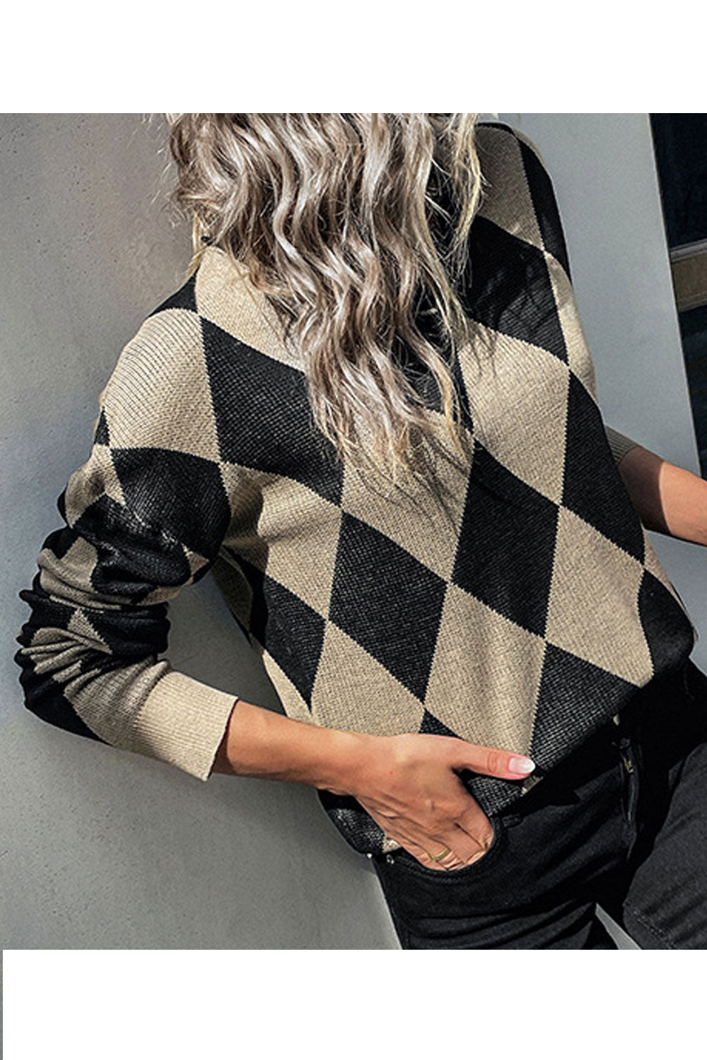 Women Knitted Long Sleeve Trendy Plaid Pattern Superb V-Neck Winter Weekend Fashion Sweater