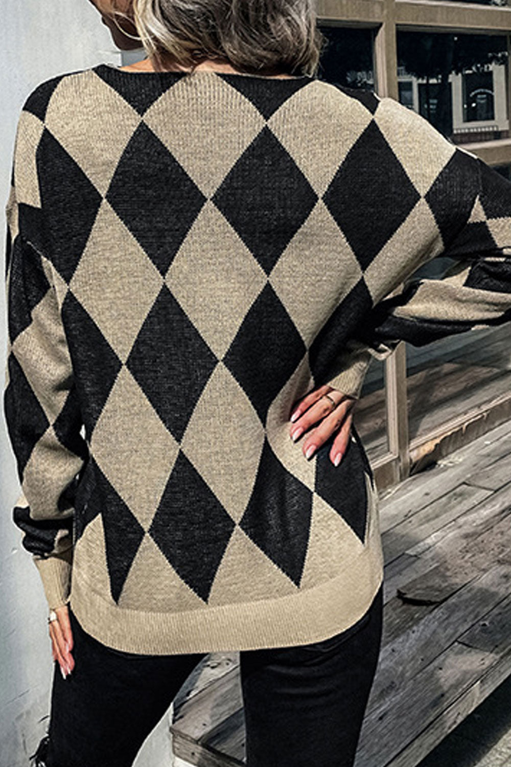 Women Knitted Long Sleeve Trendy Plaid Pattern Superb V-Neck Winter Weekend Fashion Sweater