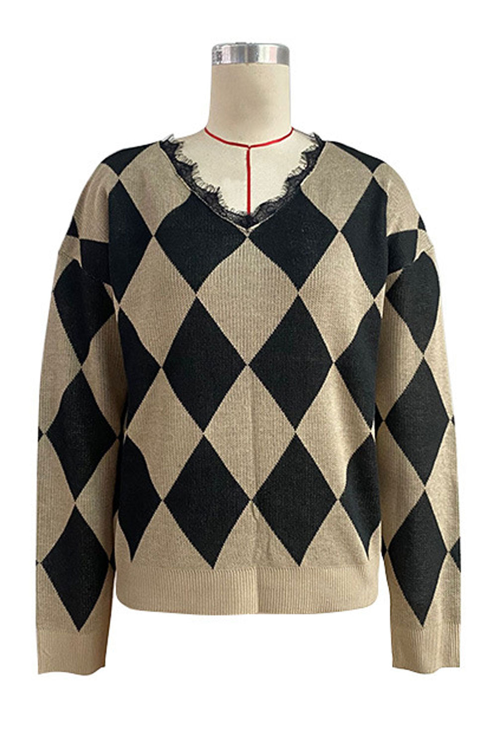 Women Knitted Long Sleeve Trendy Plaid Pattern Superb V-Neck Winter Weekend Fashion Sweater