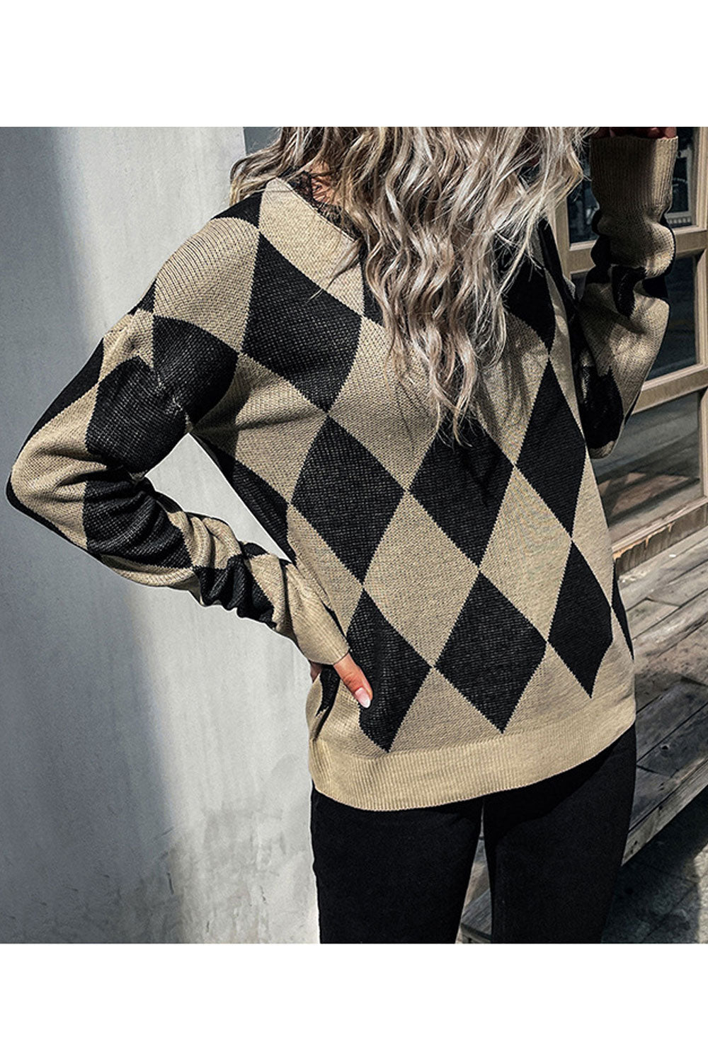 Women Knitted Long Sleeve Trendy Plaid Pattern Superb V-Neck Winter Weekend Fashion Sweater