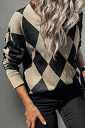 Women Knitted Long Sleeve Trendy Plaid Pattern Superb V-Neck Winter Weekend Fashion Sweater