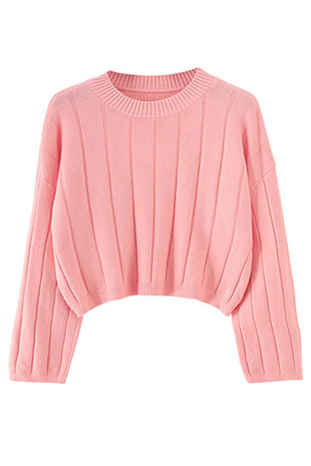 Women Pretty Solid Colored Round Neck Knitted Long Sleeve Pullover Winter Short Fashion Sweater