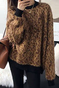 Women Winter Warm Long Sleeve Comfortable Round Neck Fantastic Leopard Pattern Weekend Sweater