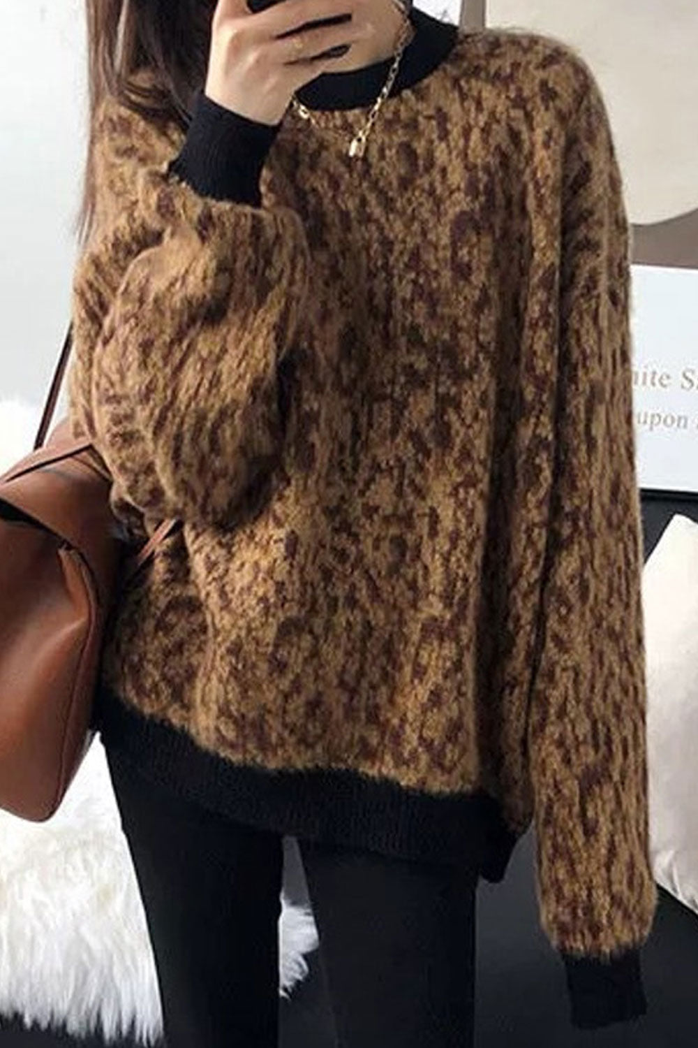 Women Winter Warm Long Sleeve Comfortable Round Neck Fantastic Leopard Pattern Weekend Sweater