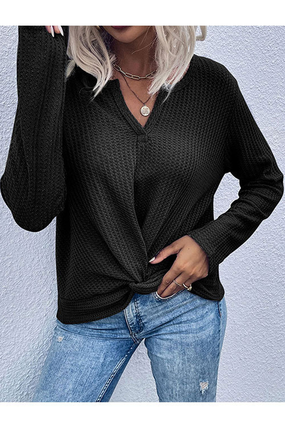 Women Decent Solid Colored Waffle Kink Styled Easy V-Neck Winter Pullover Casual Sweater