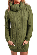Women Elegent Solid Colored Knitted High Neck Restful Long Sleeve Pockets Designed Mid-Length Sweater