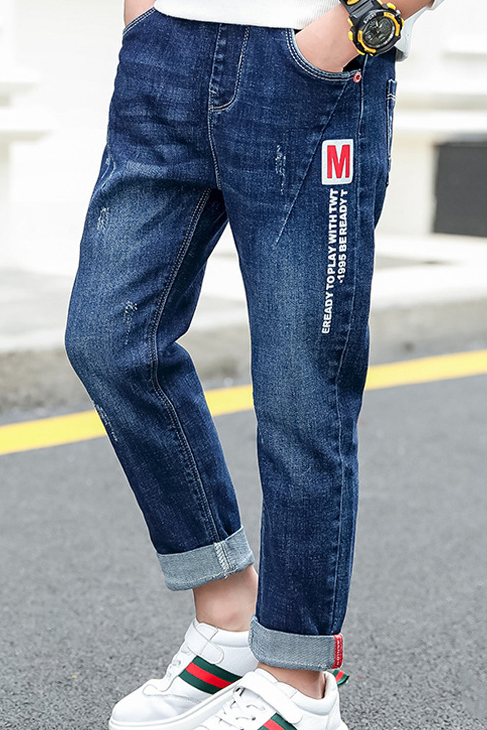 Kids Boys Comfortable High-Waist Iconic Solid Colored Folded Styled Ankle Weekend Denim Jeans