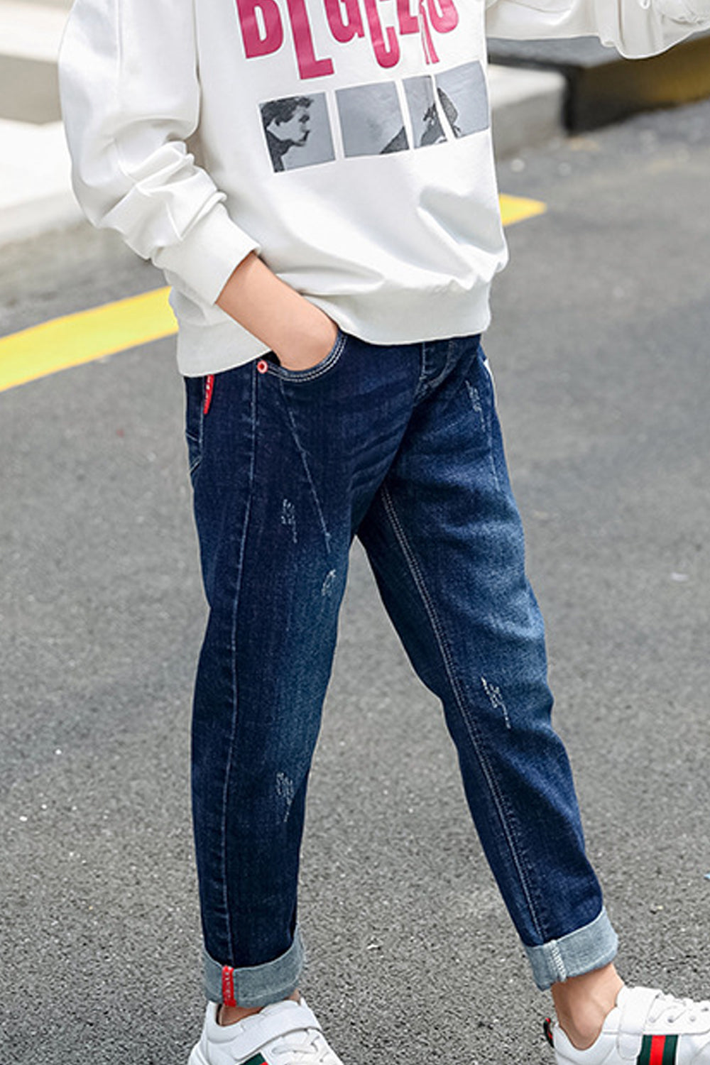 Kids Boys Comfortable High-Waist Iconic Solid Colored Folded Styled Ankle Weekend Denim Jeans