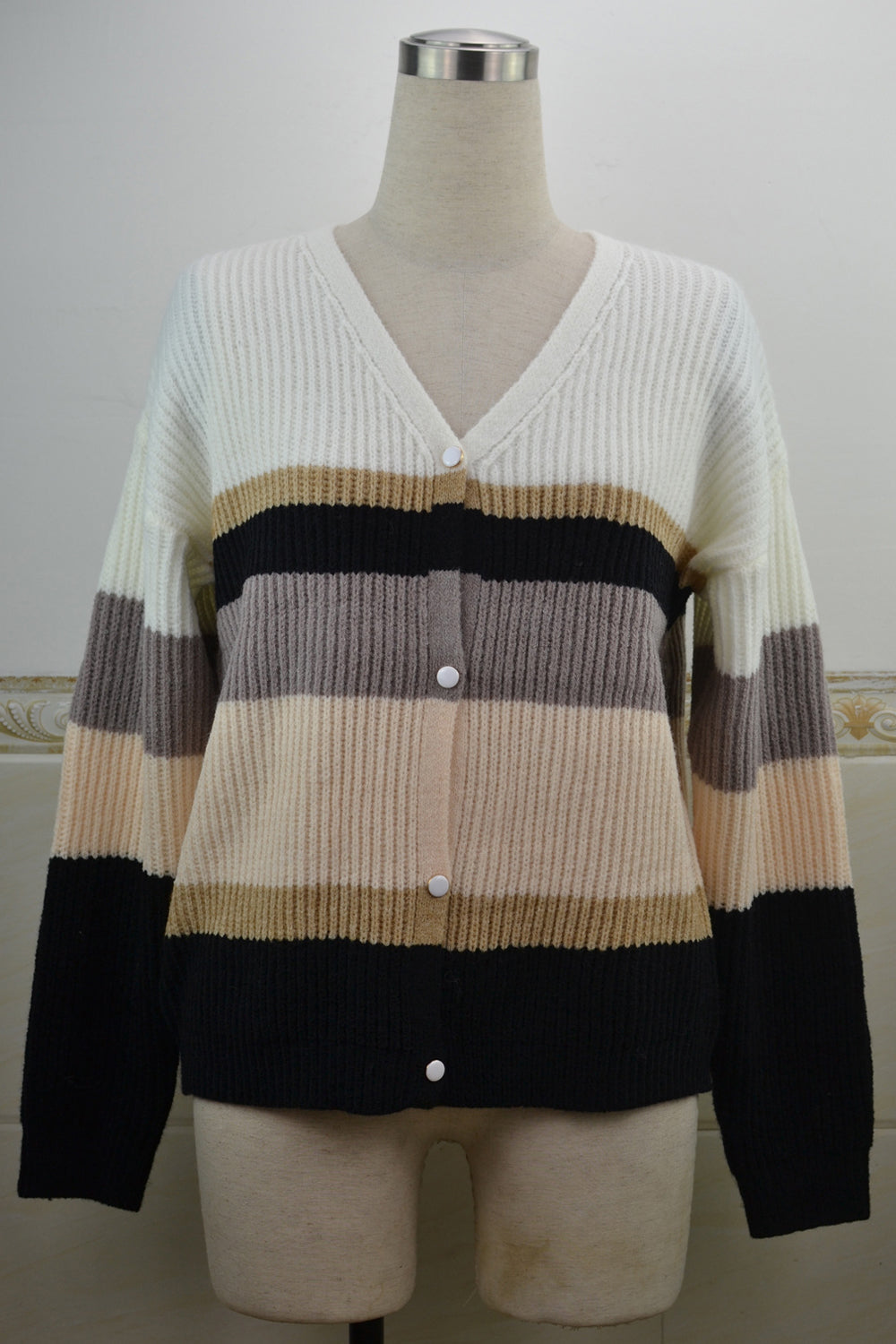 Women Lovely Striped Pattern Thick Long Sleeve Deep V-Neck Winter Casual Cardigan