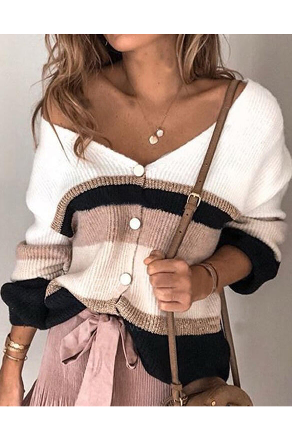 Women Lovely Striped Pattern Thick Long Sleeve Deep V-Neck Winter Casual Cardigan
