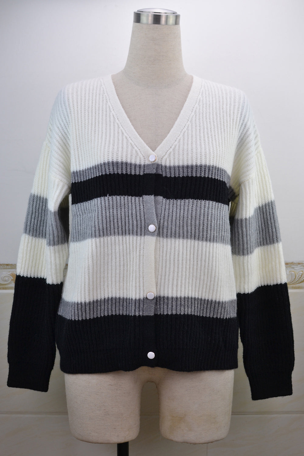 Women Lovely Striped Pattern Thick Long Sleeve Deep V-Neck Winter Casual Cardigan