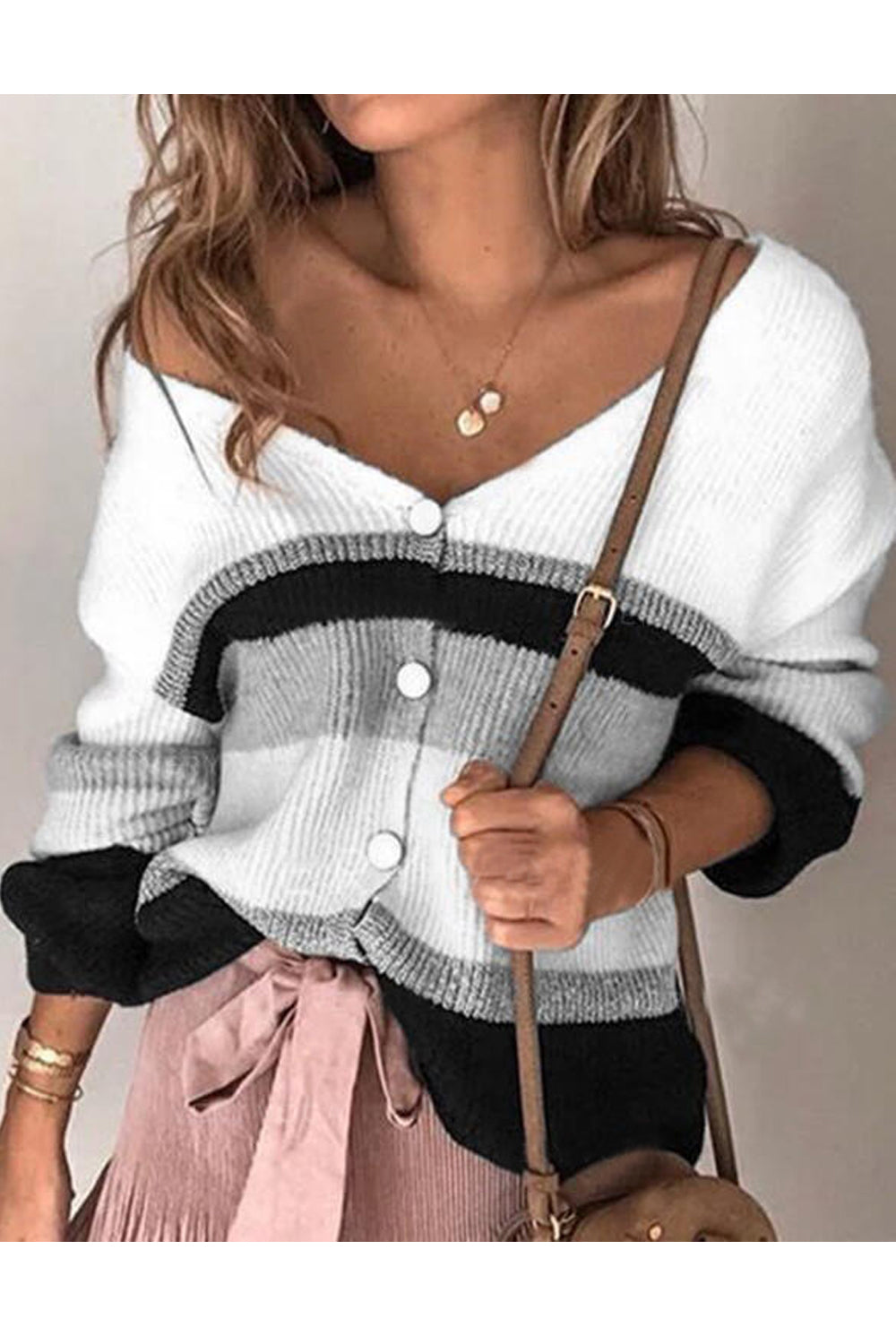 Women Lovely Striped Pattern Thick Long Sleeve Deep V-Neck Winter Casual Cardigan