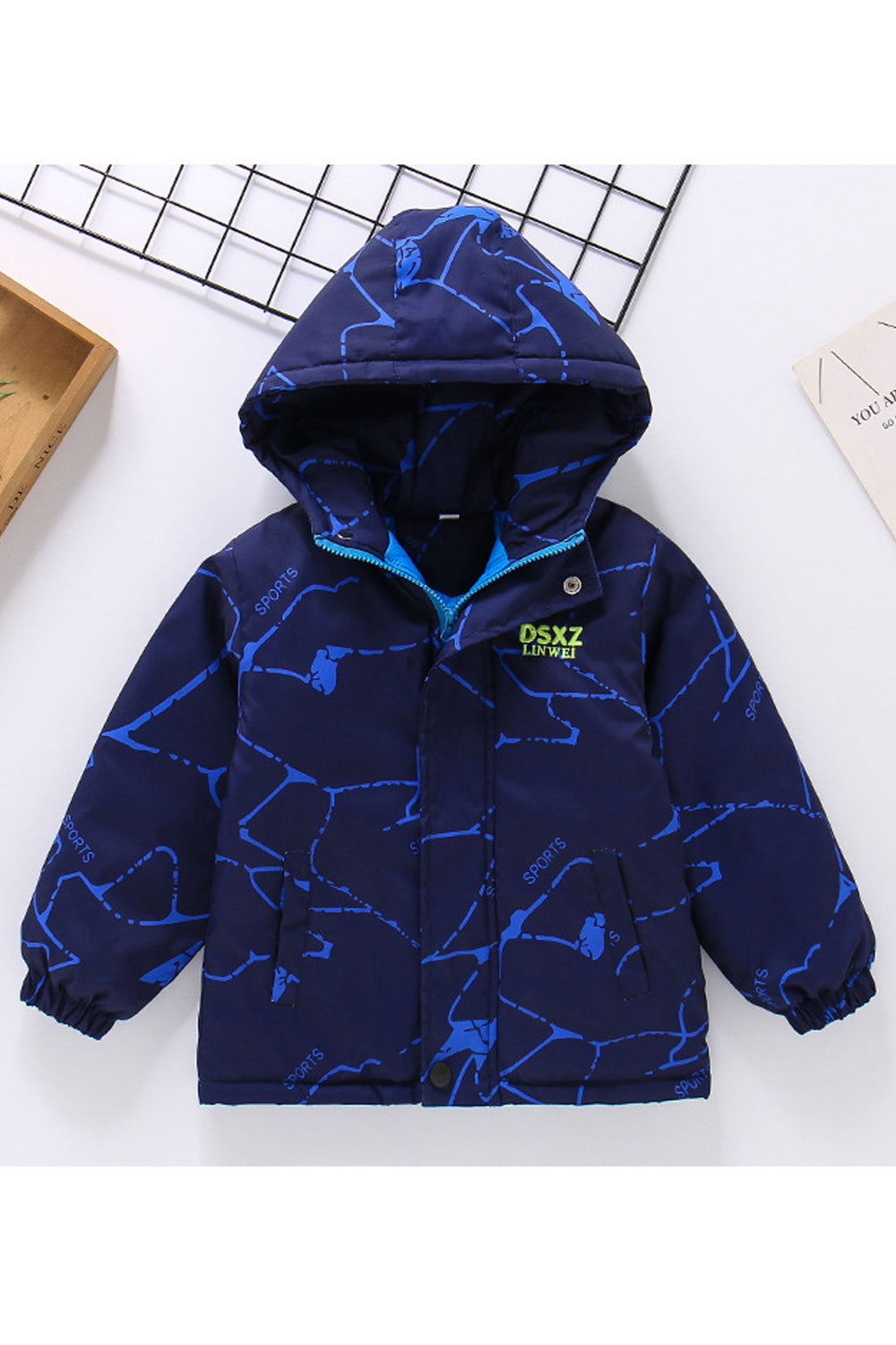 Kids Boys Warm Printed Pattern Long Sleeve Zip Closure Side Pockets Windbreaker Winter Jacket