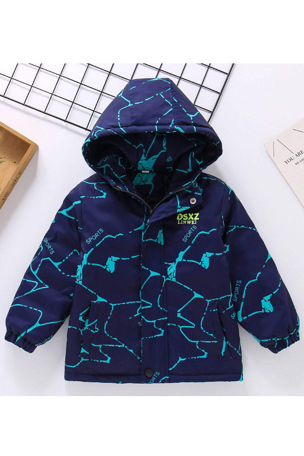 Kids Boys Warm Printed Pattern Long Sleeve Zip Closure Side Pockets Windbreaker Winter Jacket