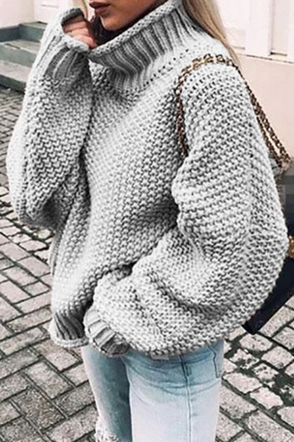 Women Knitted High Neck Trendy Solid Colored Loose Fashion Long Sleeve Weekend Pullover Sweater