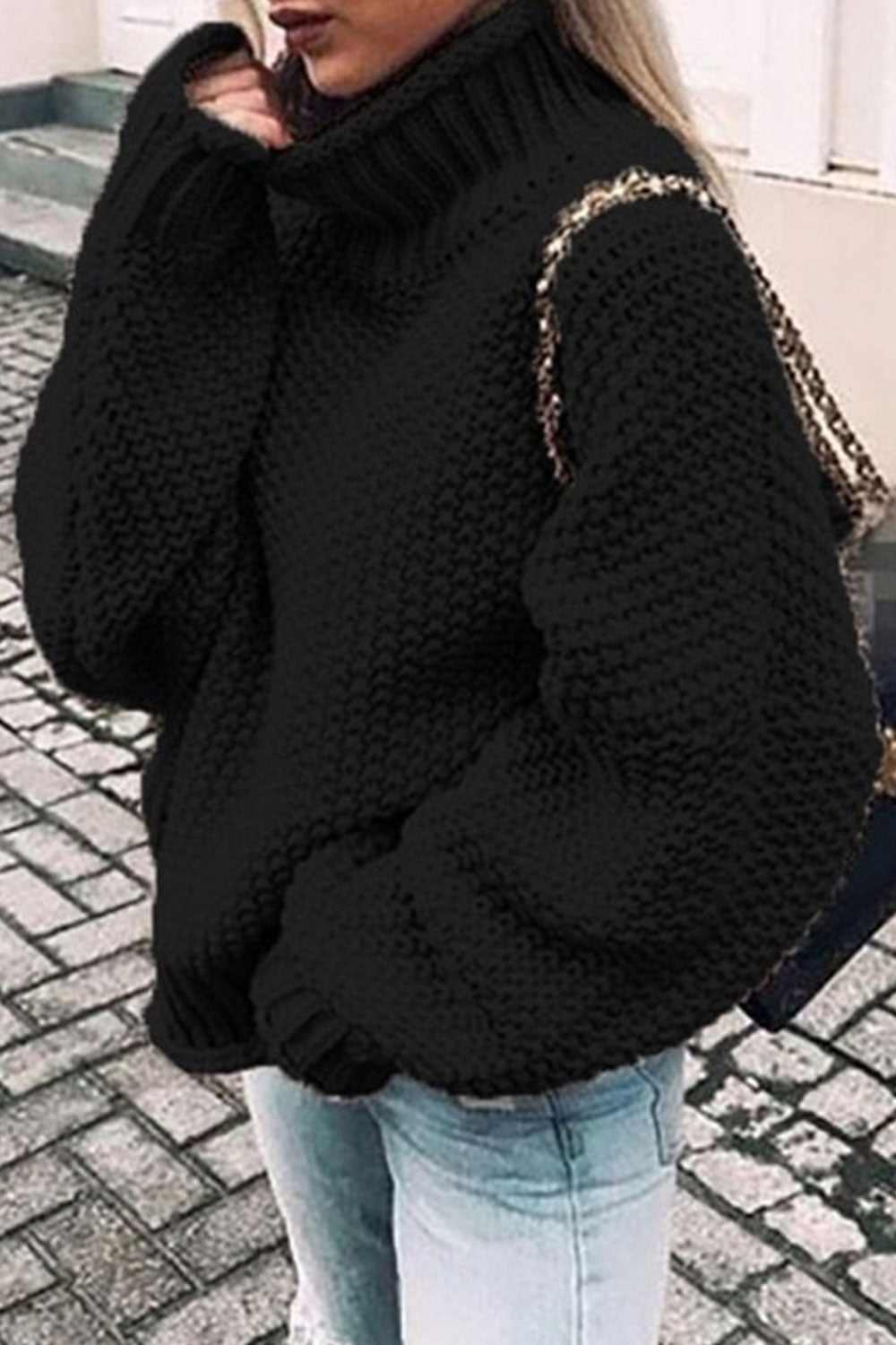 Women Knitted High Neck Trendy Solid Colored Loose Fashion Long Sleeve Weekend Pullover Sweater