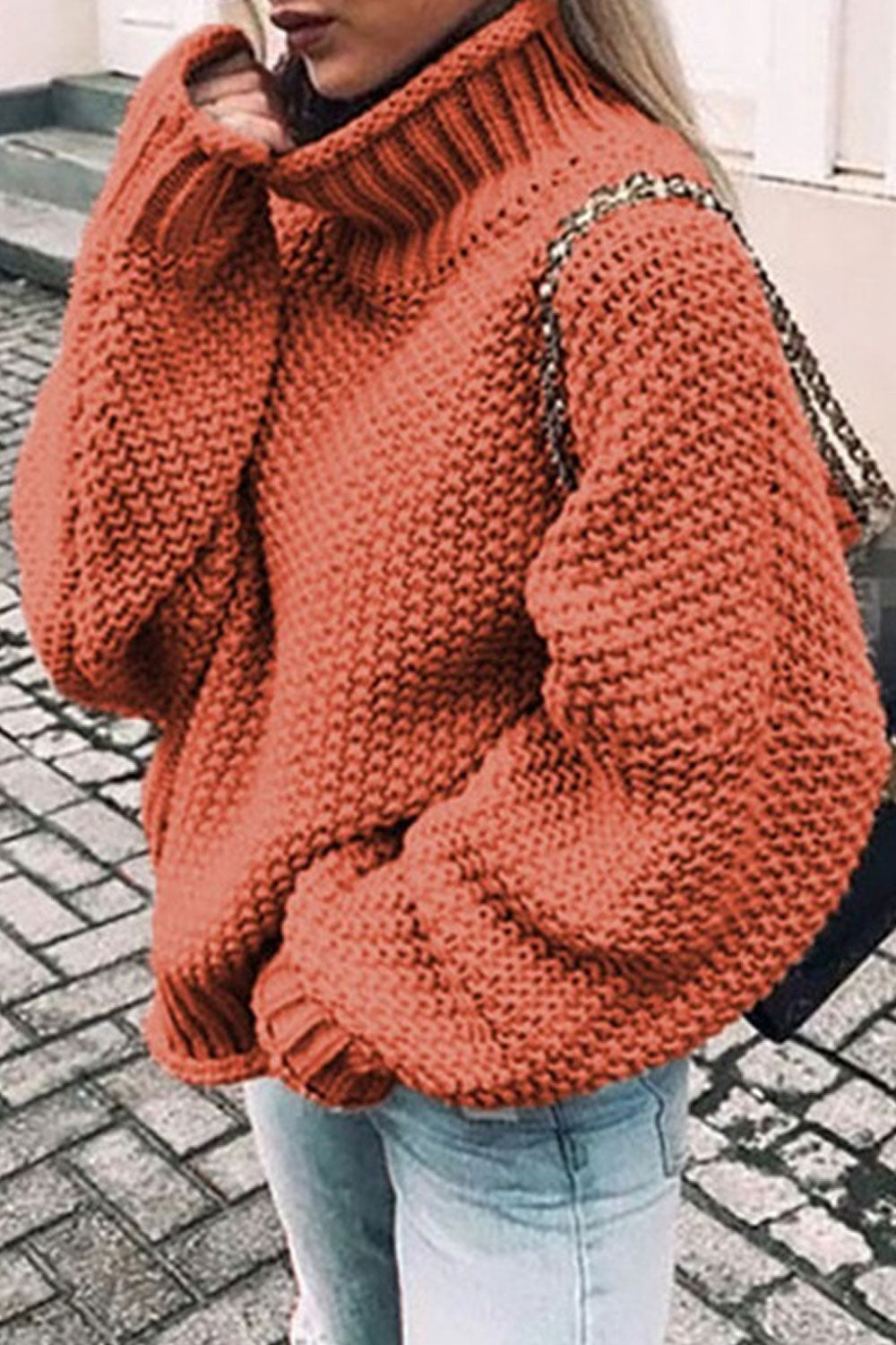 Women Knitted High Neck Trendy Solid Colored Loose Fashion Long Sleeve Weekend Pullover Sweater