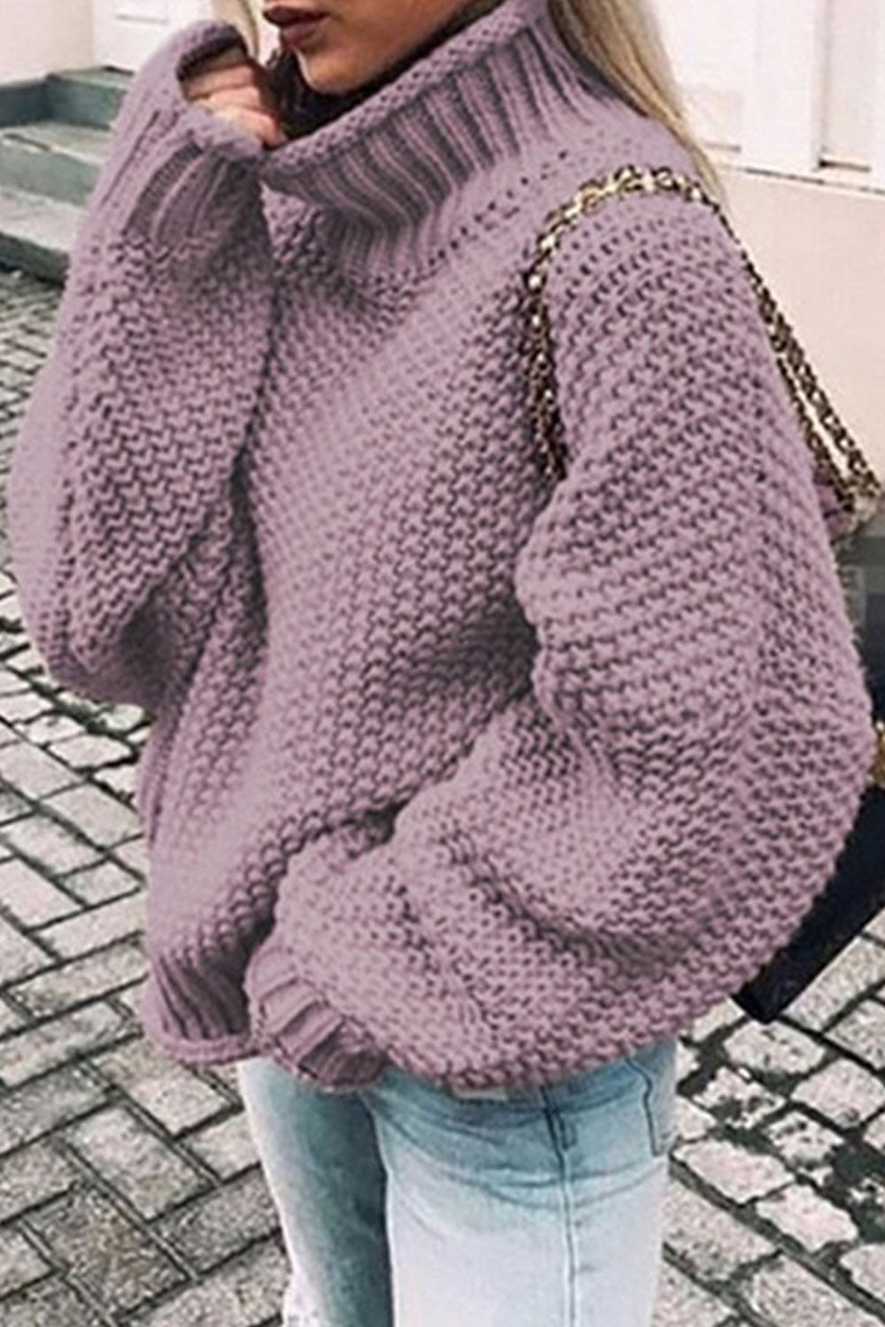 Women Knitted High Neck Trendy Solid Colored Loose Fashion Long Sleeve Weekend Pullover Sweater