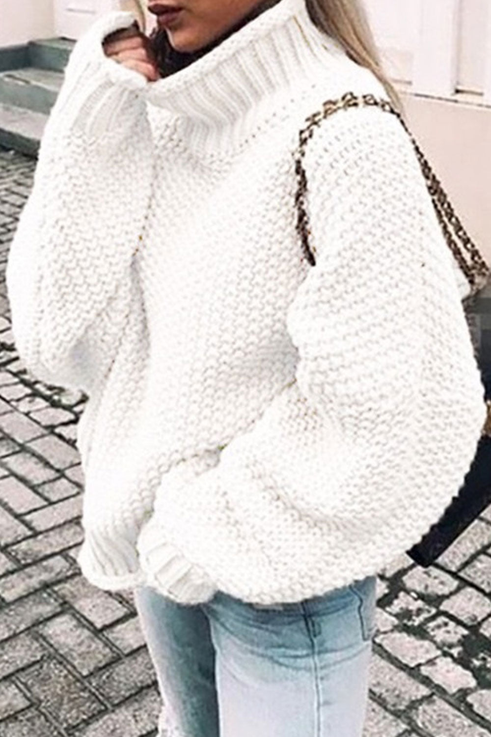 Women Knitted High Neck Trendy Solid Colored Loose Fashion Long Sleeve Weekend Pullover Sweater