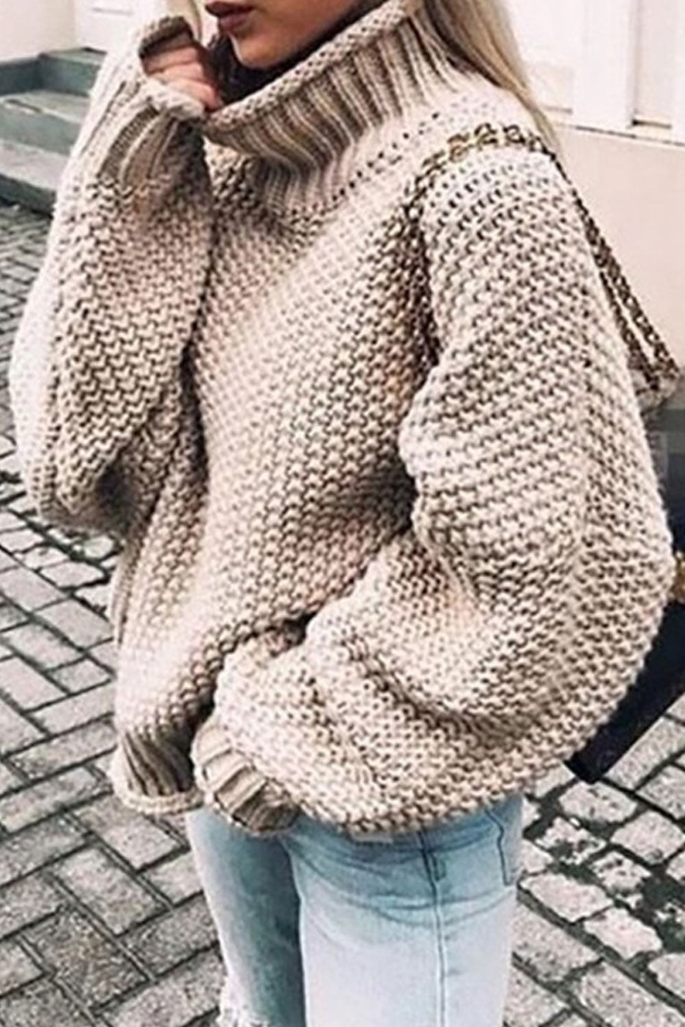 Women Knitted High Neck Trendy Solid Colored Loose Fashion Long Sleeve Weekend Pullover Sweater