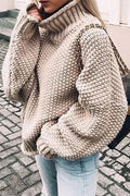 Women Knitted High Neck Trendy Solid Colored Loose Fashion Long Sleeve Weekend Pullover Sweater