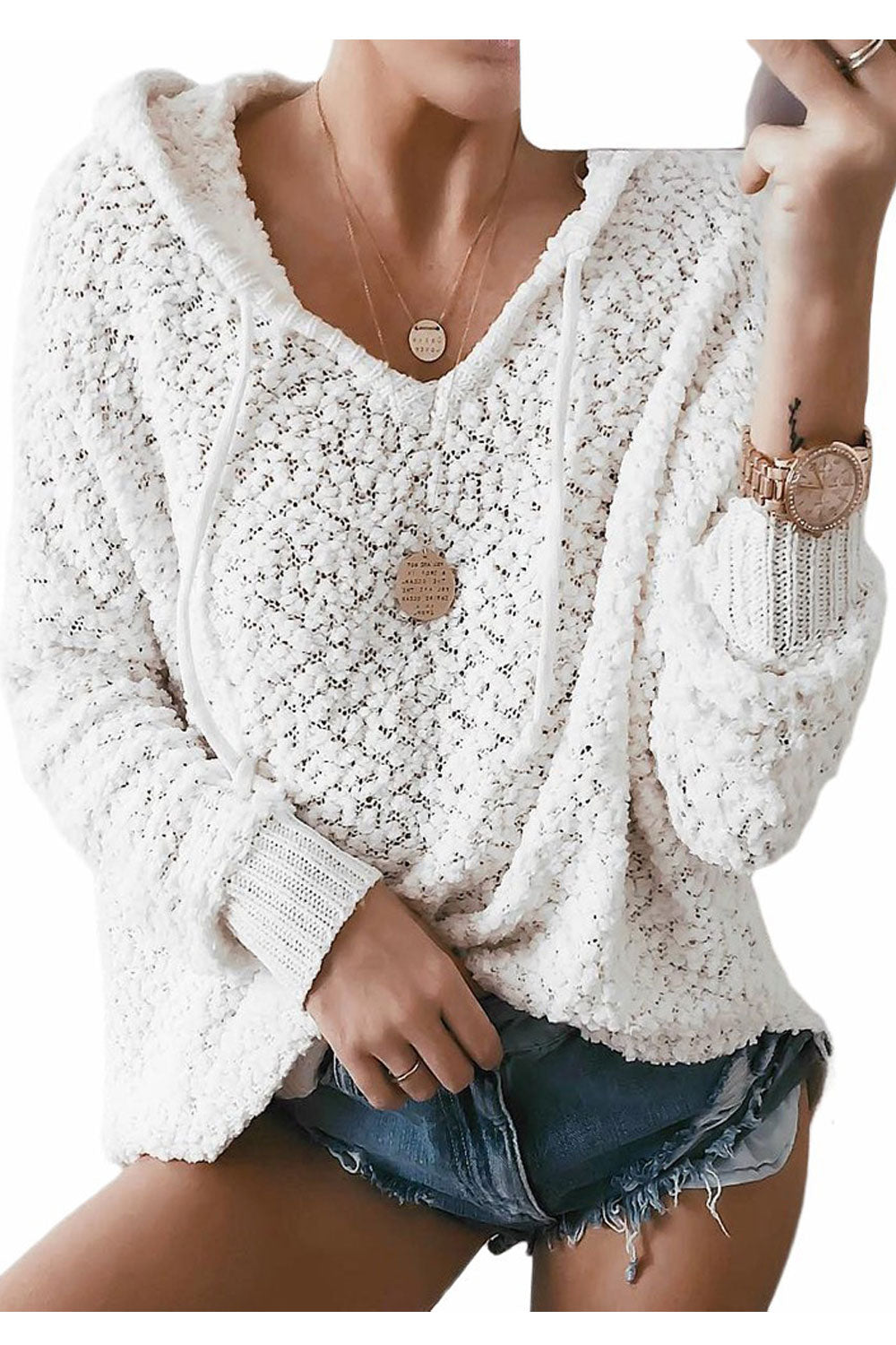 Women Adorable Solid Colored Durable Drawstring Hat Neck Slide Slit Warm Long Sleeve Pullover Sweater