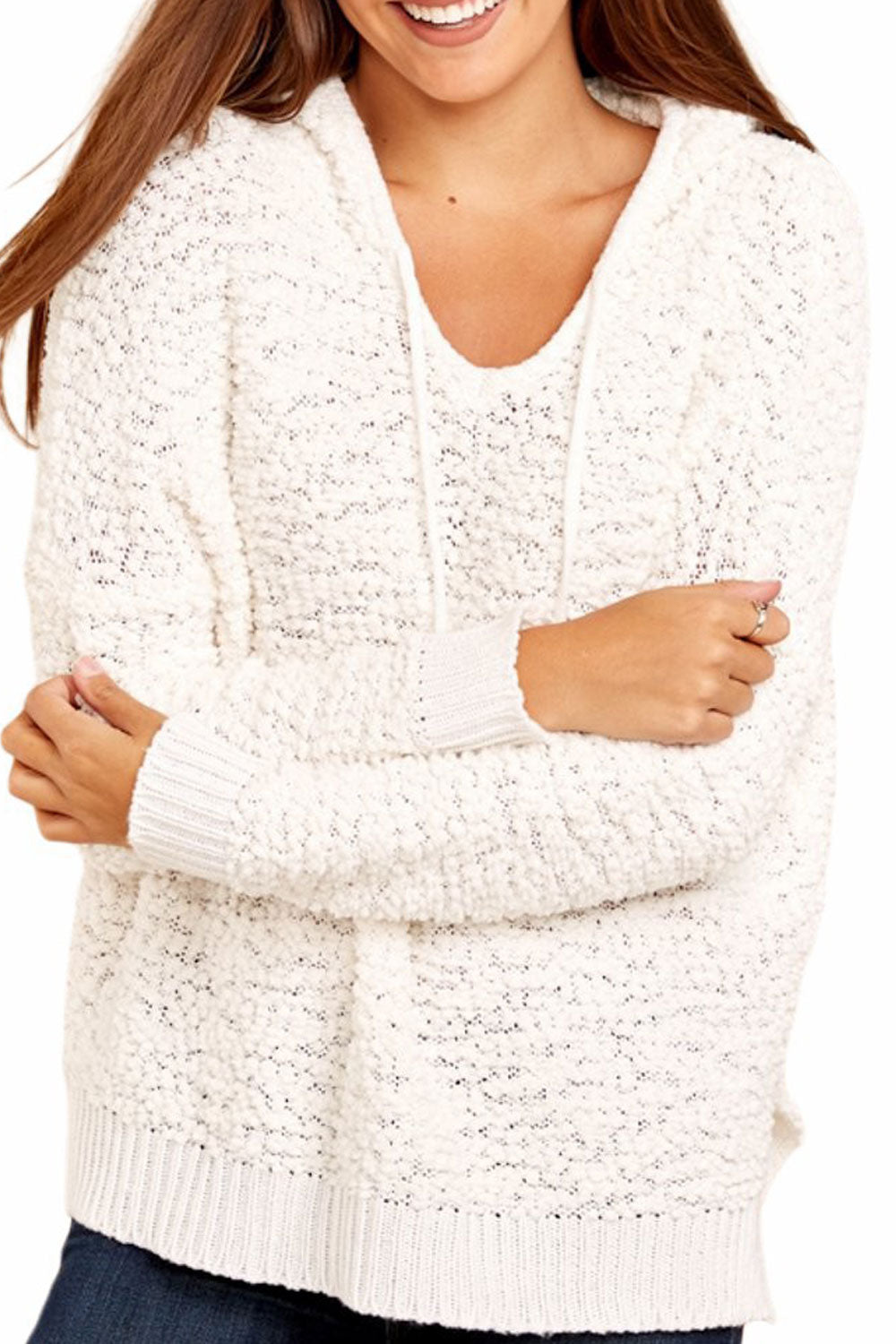 Women Adorable Solid Colored Durable Drawstring Hat Neck Slide Slit Warm Long Sleeve Pullover Sweater
