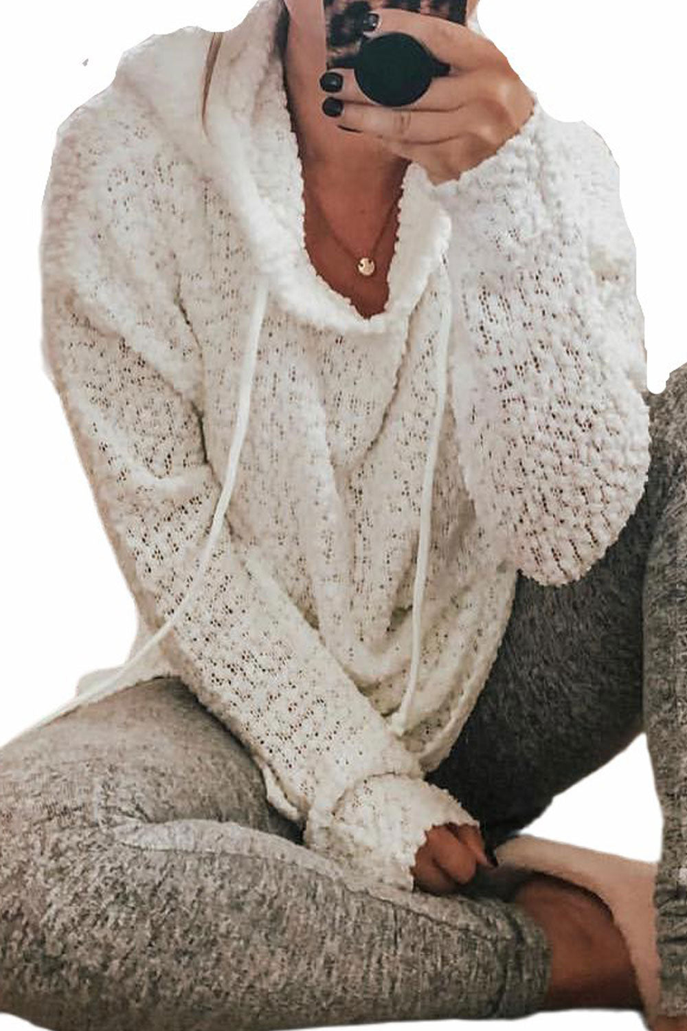 Women Adorable Solid Colored Durable Drawstring Hat Neck Slide Slit Warm Long Sleeve Pullover Sweater