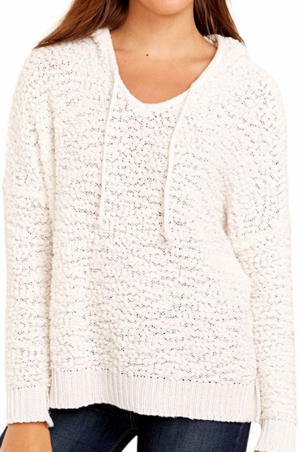 Women Adorable Solid Colored Durable Drawstring Hat Neck Slide Slit Warm Long Sleeve Pullover Sweater