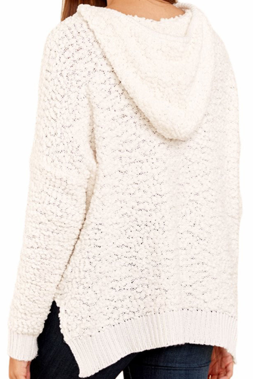 Women Adorable Solid Colored Durable Drawstring Hat Neck Slide Slit Warm Long Sleeve Pullover Sweater
